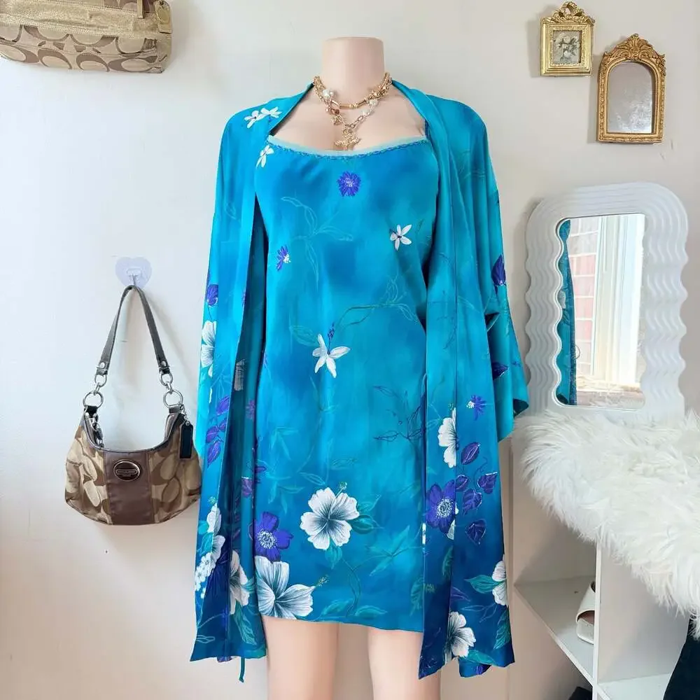 Vintage Tropical Floral Silk Chemise Slip Dress and Matching Robe Set